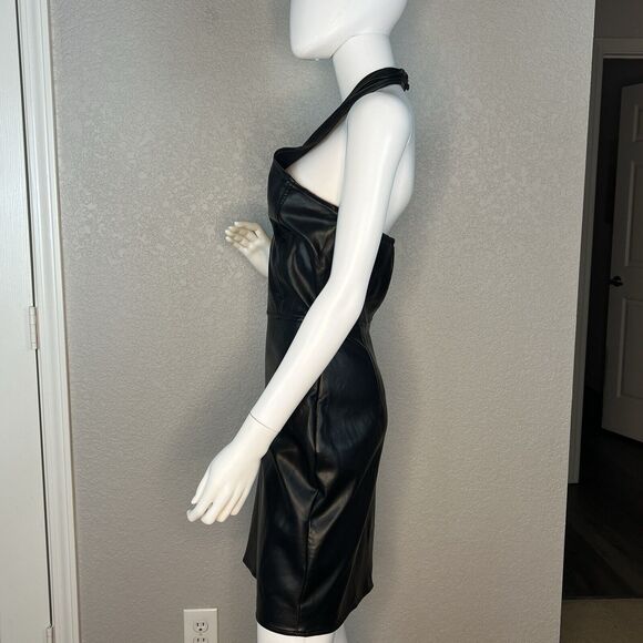 Heartloom Size M Faux Leather Moto Knee Length Halter Dress Black - Picture 3 of 7